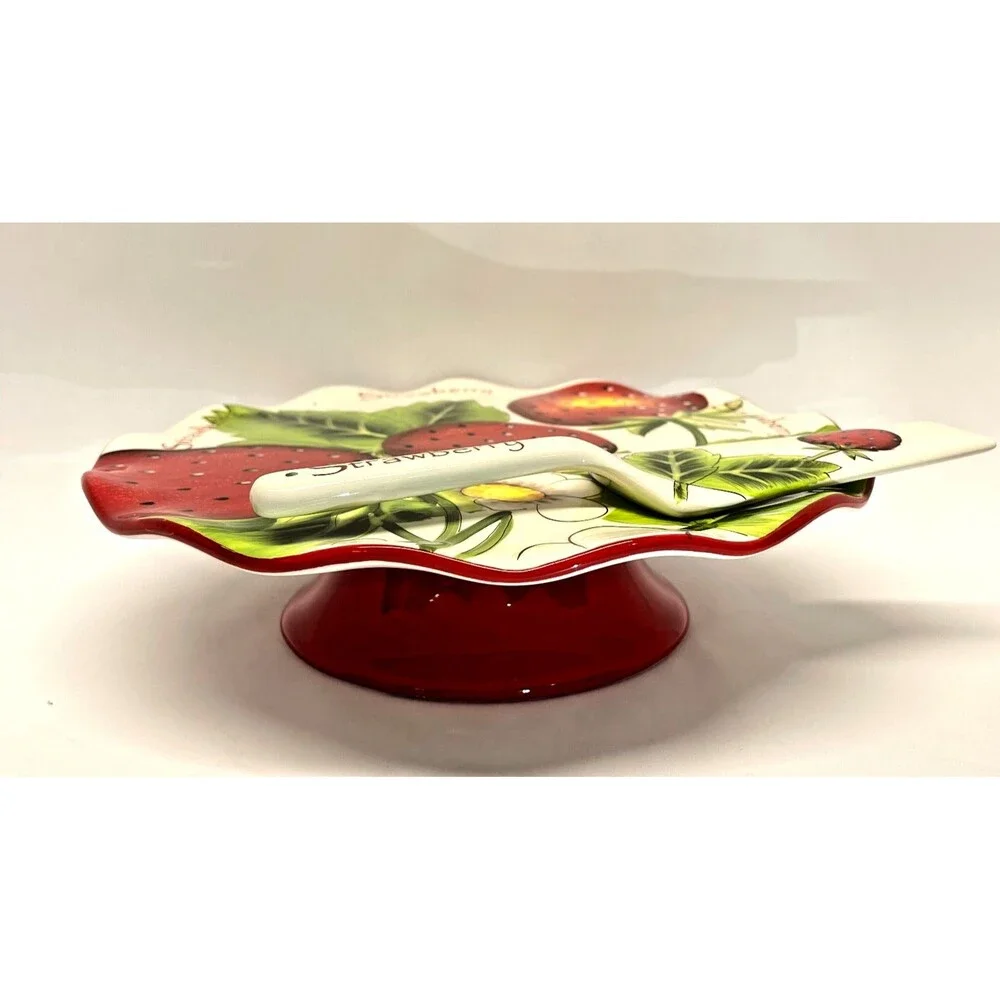 Pier 1 Imports Strawberry 11” Ceramic Cake Stand & 9.5” Server Hand Painted-Excl